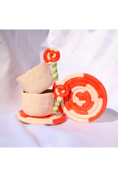Lily & Loly Ceramics Lolipop Şeker Kulplu 2'li El Yapımı Seramik Türk Kahvesi...