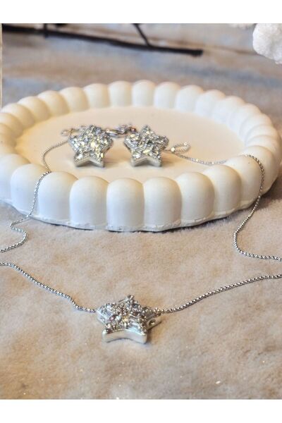 PS ACCESSORİES Zirkon Taş Çelik Küpe ve Kolye set