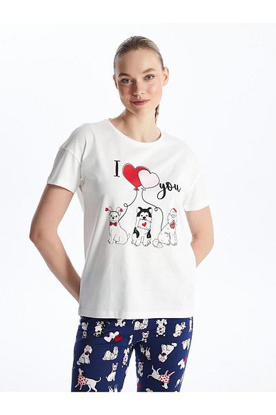 LC Waikiki LCW Young Women - Set de pijamale cu mânecă scurtă cu imprimeu pentru decolteu