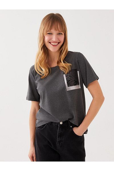 LC Waikiki Tricou LCWAIKIKI clasic pentru femei, cu mânecă scurtă, cu paiete, cu paiete