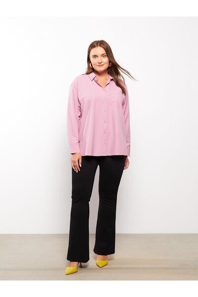 LC Waikiki Büyük Beden Düz Uzun Kollu Poplin Kadın Gömlek