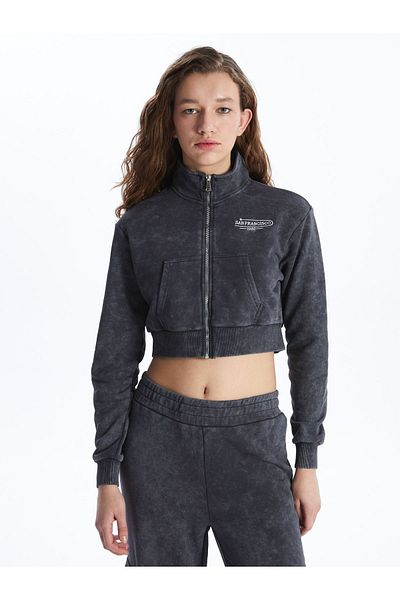 LC Waikiki Dámská mikina na zip s vyšívaným stojáčkem s dlouhým rukávem