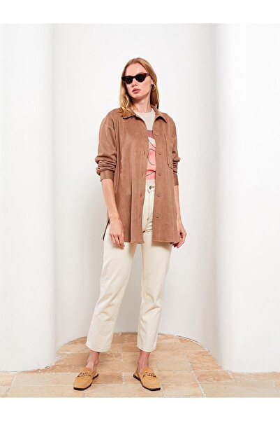 LC Waikiki LCWAIKIKI Classic Gömlek Yaka Düz Uzun Kollu Süet Kadın Mont