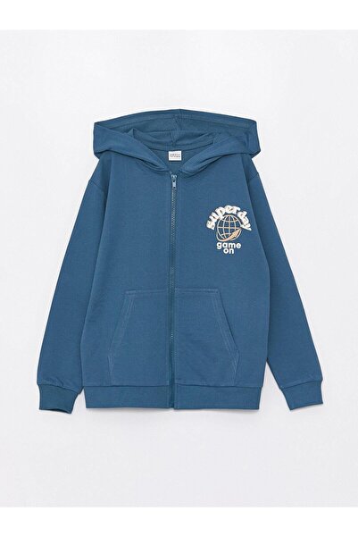 LC Waikiki LCW Kids Kapüşonlu Baskılı Uzun Kollu Erkek Çocuk Fermuarlı Sweatshirt