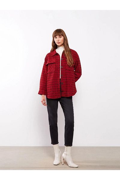 LC Waikiki Klassische, karierte Hemdjacke für Damen mit langen Ärmeln und Knopfverschluss vorne