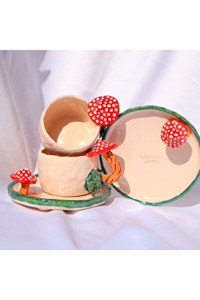 Lily & Loly Ceramics Lily Serisi "mushrooms" Mantarlı 2'li Türk Kahvesi Seti- Mantar Kulplu El Yapımı Seramik Fincan