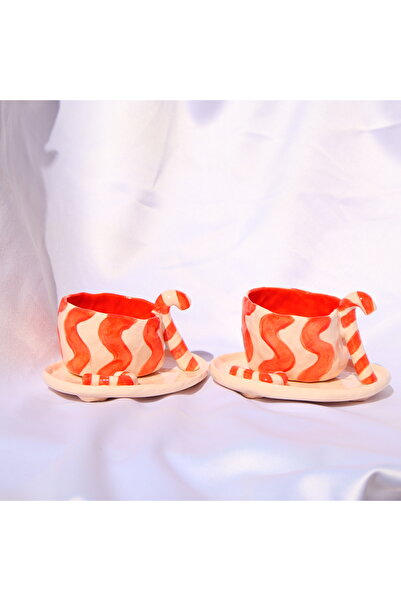 Genel Markalar Lolipop Şekerli 2'li El Yapımı Seramik Türk Kahvesi Fincan Set...