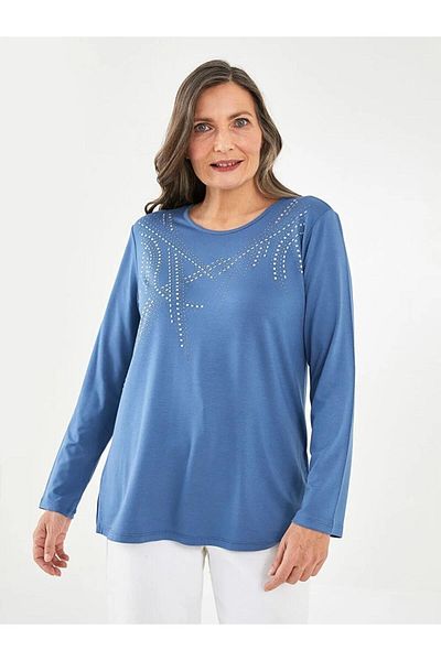 LC Waikiki Tricou de damă cu mânecă lungă cu imprimeu cu piatră strălucitoare și gâtul rotund