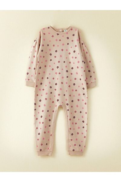 LC Waikiki Crew Neck Long Sleeve Patterned Organic Cotton Baby Girl Jumpsuit