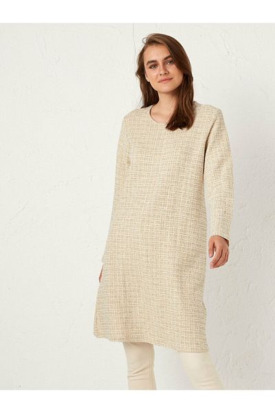 LC Waikiki Women's Ecru Jacquard Crew Neck Plain Tunic