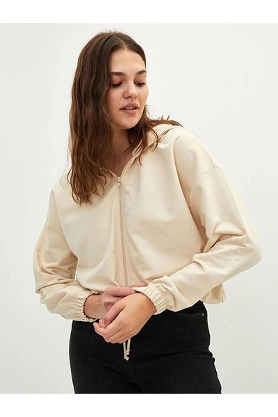 LC Waikiki Large Size Hooded Plain Long Sleeve Women's Sports Cardigan