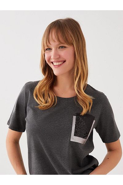 LC Waikiki Tricou LCWAIKIKI clasic pentru femei, cu mânecă scurtă, cu paiete, cu paiete