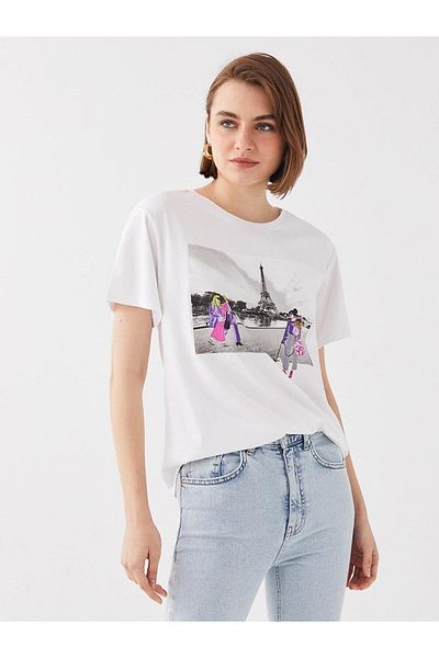 LC Waikiki Γυναικείο T-Shirt LCW Vision - Crew λαιμόκοψη, στάμπα, κοντό μανίκι