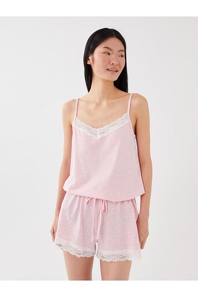 LC Waikiki Salopetă de damă cu bretele, cu decolteu în V, cu dantelă, cu pijama scurtă