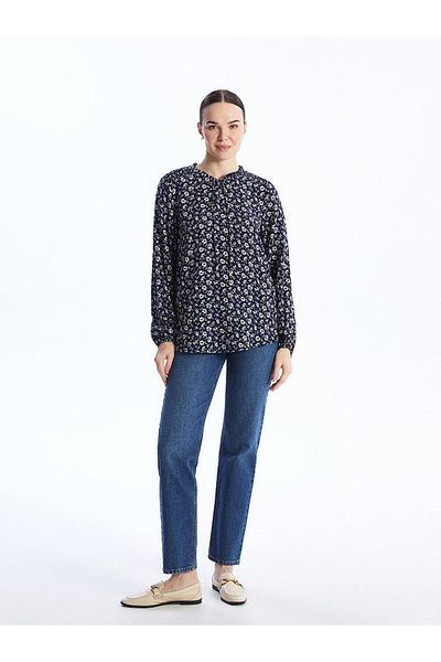 LC Waikiki LCW Grace - Women's Long Sleeve Blouse with Tie-Up Collar and Floral Print