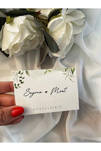 Renna Yeşil Dallar Detaylı Masa Kartı Kişiye Özel 20 Adet