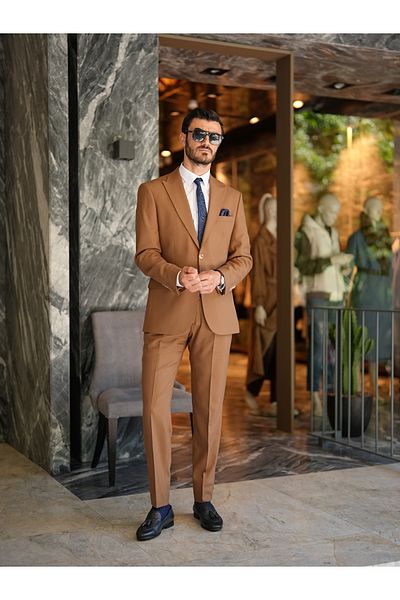 LONATOLİA Premium Men's SlimFitItalian Style Point Stitching Half Lined Suit Jacket Trousers-Camel
