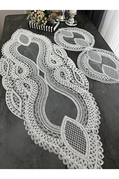 sewev طقم مفرش طاولة من الدانتيل مكون من 3 قطع (حجم كبير)