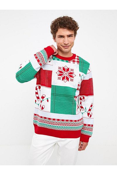 LC Waikiki LCW Casual Crew Neck Long Sleeve New Year Themed Men's Knitwear Sweater