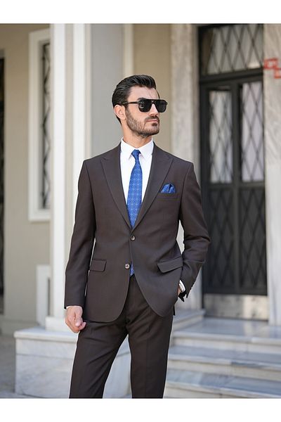 LONATOLİA Premium Men's Slim Fit Italian Style Punto Stitched Half Lined Suit Jacket Trousers-Light Brown