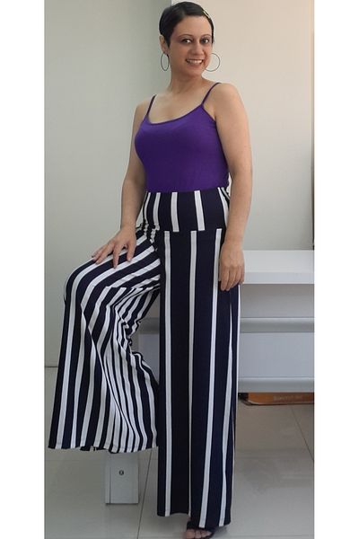 Mertcan Butik Navy Blue-White Striped Viscose Wide Leg Elastic Waist Trouser Skirt
