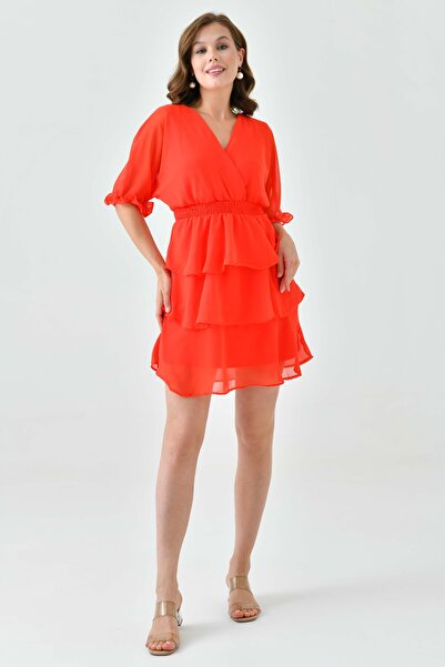 lovebox Червона сукня з кружевом на комірі та шнурівкою на талії з шифону - з підкладкою 3447