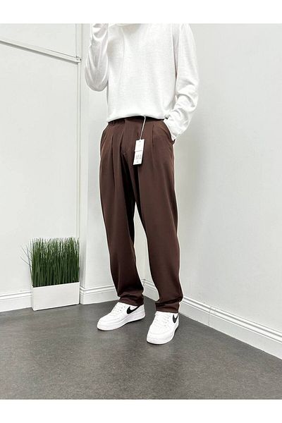 Gambocci Men's Baggy Comfortable Fabric - Pleated, Elastic Waist, Bitter Brown Trousers