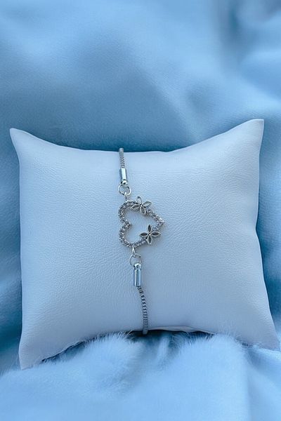 TAKIPORT Zircon Stone Flower Patterned Heart Detailed Silver Women's Bracelet