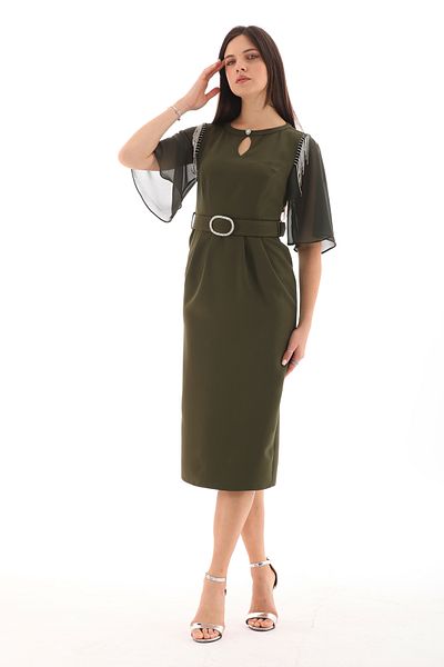 Moda Tuğram Βραδινό φόρεμα Khaki Midi - Λεπτομέρεια με ζώνη