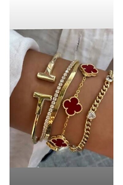 I Love Valeria accessory Çelik bordo yonca bileklik