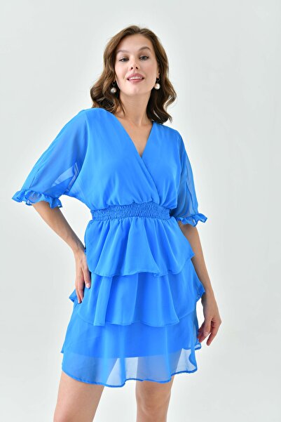 WOMAN VISION Modré šifonové šaty s dvojitým límcem - Gippeli pas, podšívka 3447