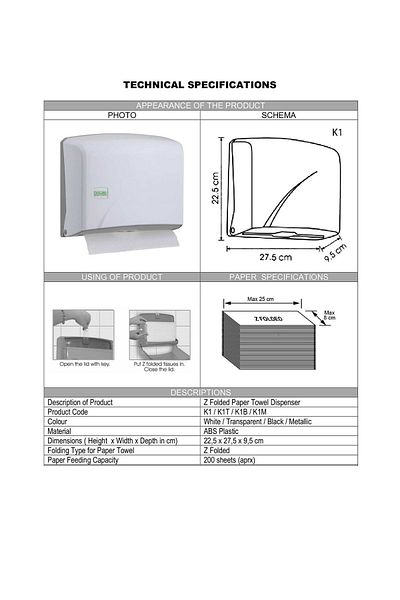 Şeker Portakalım Vialli K1b Bathroom Kitchen Sink Practical Z-Fold Paper Towel Dispenser Capacity 200 Paper Black
