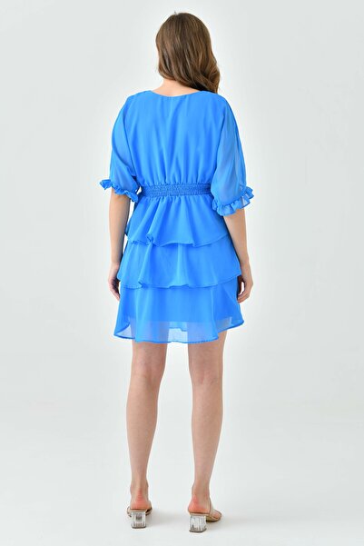 WOMAN VISION Modré šifonové šaty s dvojitým límcem - Gippeli pas, podšívka 3447