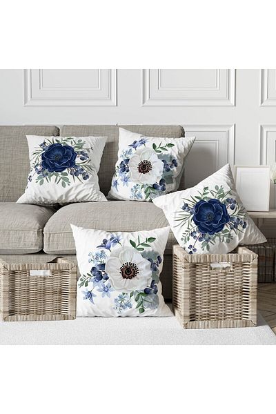 Hayal Dekoratif Nature Themed Blue and White Floral Patterned 4-Piece Digital Printed Throw Pillow Covers
