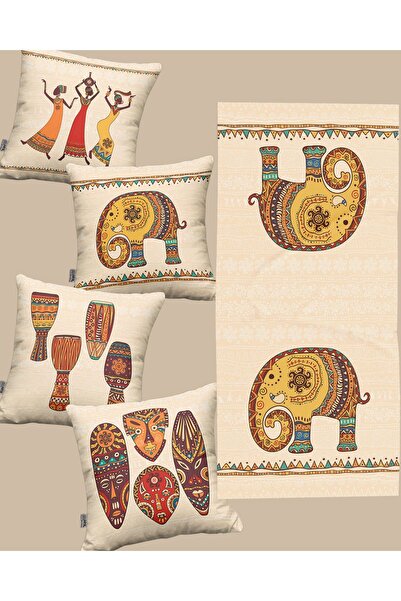 Hayal Dekoratif مجموعة من 4 أغطية وسائد وعداء بطباعة رقمية على شكل فيل وامرأة...