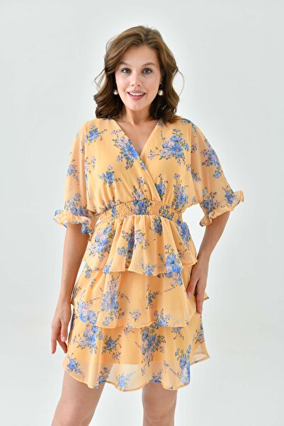 WOMAN VISION Sárga virágmintás elasztikus derékú sifon ruha - duplasoros gallér 3447