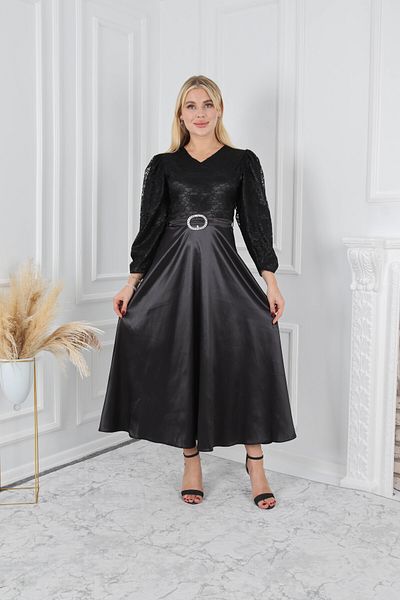 CLASSY.MODA Rochie din satin - croială unică, cu mâneci, corset din dantelă, cu curea și accesorii