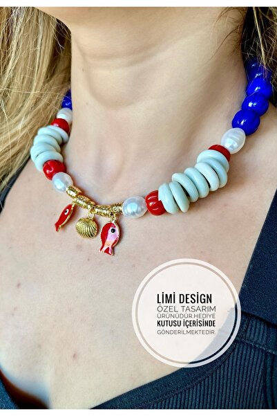 Limi Design قلادة مورانو ذهبية اللون - مع خرز زجاجي وإكسسوارات سمكة بلح البحر