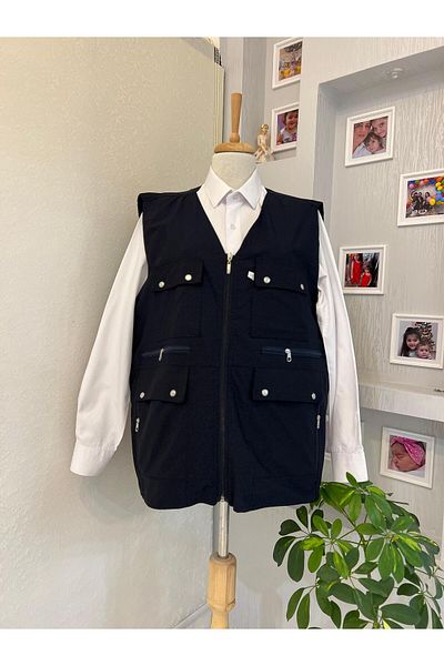DENİZLİFE KTN Battal Plus Size Summer and Spring Vest - Multi Pockets and Linen Zipper
