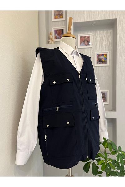 DENİZLİFE KTN Battal Plus Size Summer and Spring Vest - Multi Pockets and Linen Zipper