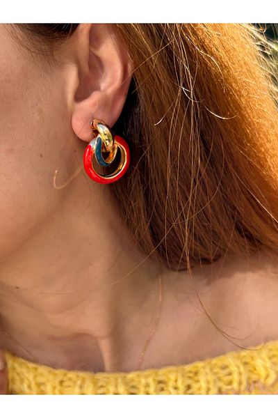 ByMerve Bym129 - 3.5cm Red Steel Earrings for Women, Gold Layer Evening Dress Design