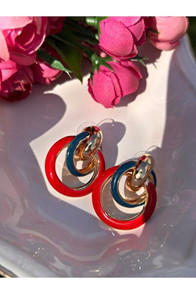 ByMerve Bym129 - 3.5cm Red Steel Earrings for Women, Gold Layer Evening Dress Design