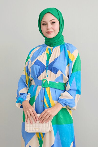 InStyle Синя віскозна сукня з геометричним візерунком і поясом