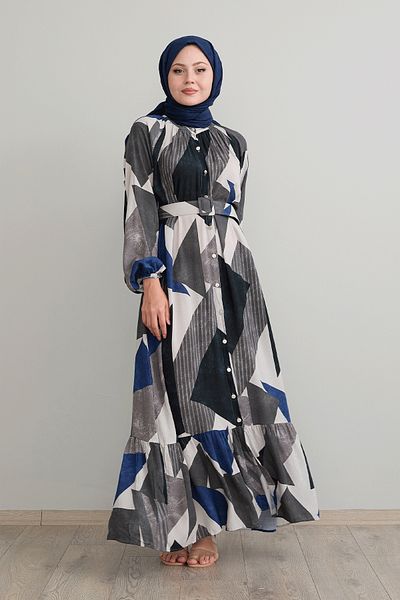 InStyle Φόρεμα βισκόζης με ανθρακί γεωμετρικό σχέδιο