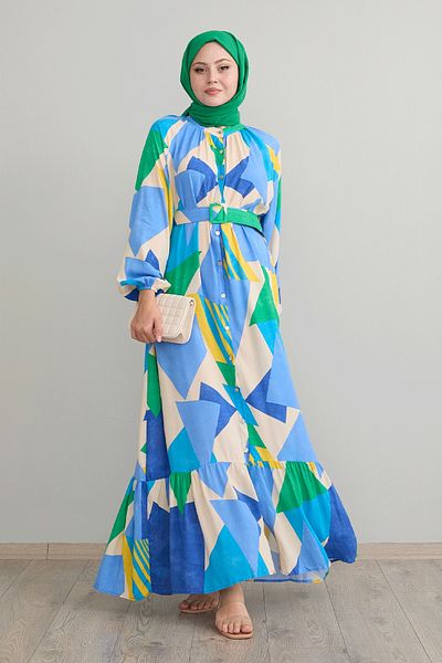 InStyle Blue Viscose Dress - Geometric Pattern and Belt Detail
