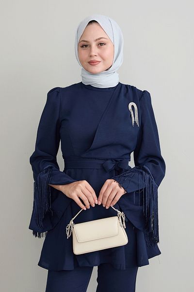 InStyle Σετ με φούντα μανίκι πέτρα κρεπ Navy Blue
