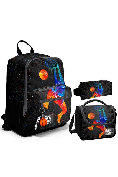 Coral High Boys' Gray Basketball School Bag - Primary and Secondary School Set, 3 Pieces