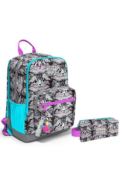 Coral High Gray Cat Patterned Backpack and Pen Holder Set for Junior High School - Girl