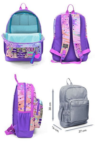 Coral High Four Compartment School Backpack and Lunch Set for Girl - Pink Purple Fashion Girl