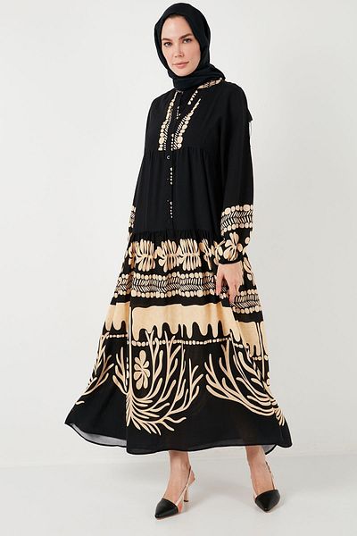 Lela Modest Patterned Relaxed Fit V-neck Long Dress DRESS66924232S4